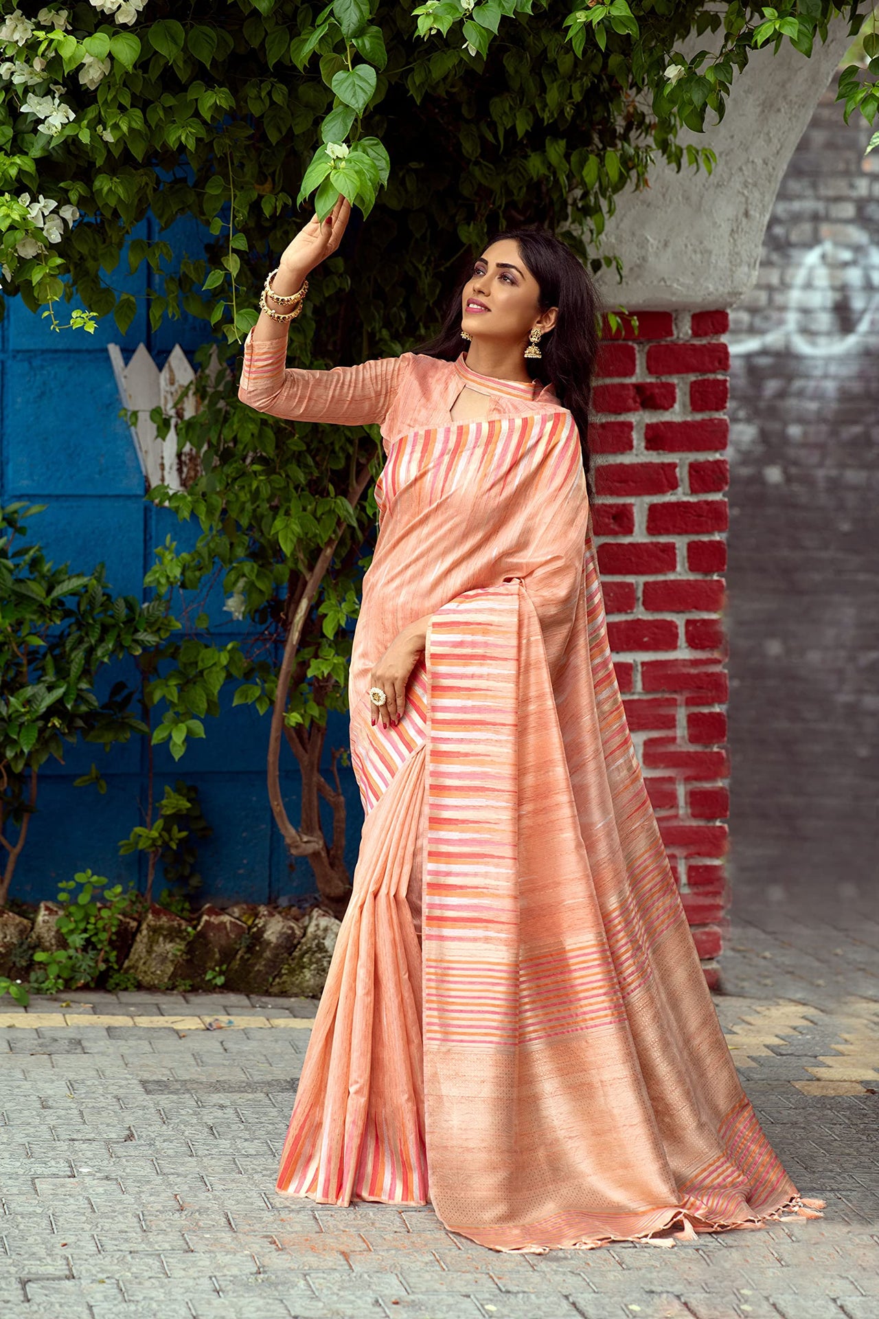 NK Textiles Women's Ikat Woven Tussar Silk Saree with Tassels
