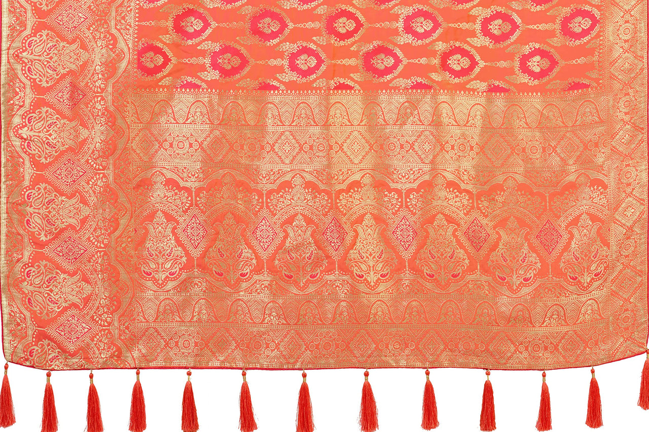 Monjolika Fashion Women's Banarasi Silk Peach Color Golden Zari Woven Saree With Separate Embellished And Unsttiched Blouse Piece
