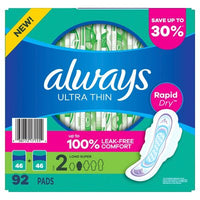 Always Ultra Thin Long Super Pads with Wings, Size 2, 92 Ct.
