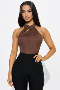 Fashion Nova Sakura Mock Neck Halter Bodysuit - Brown