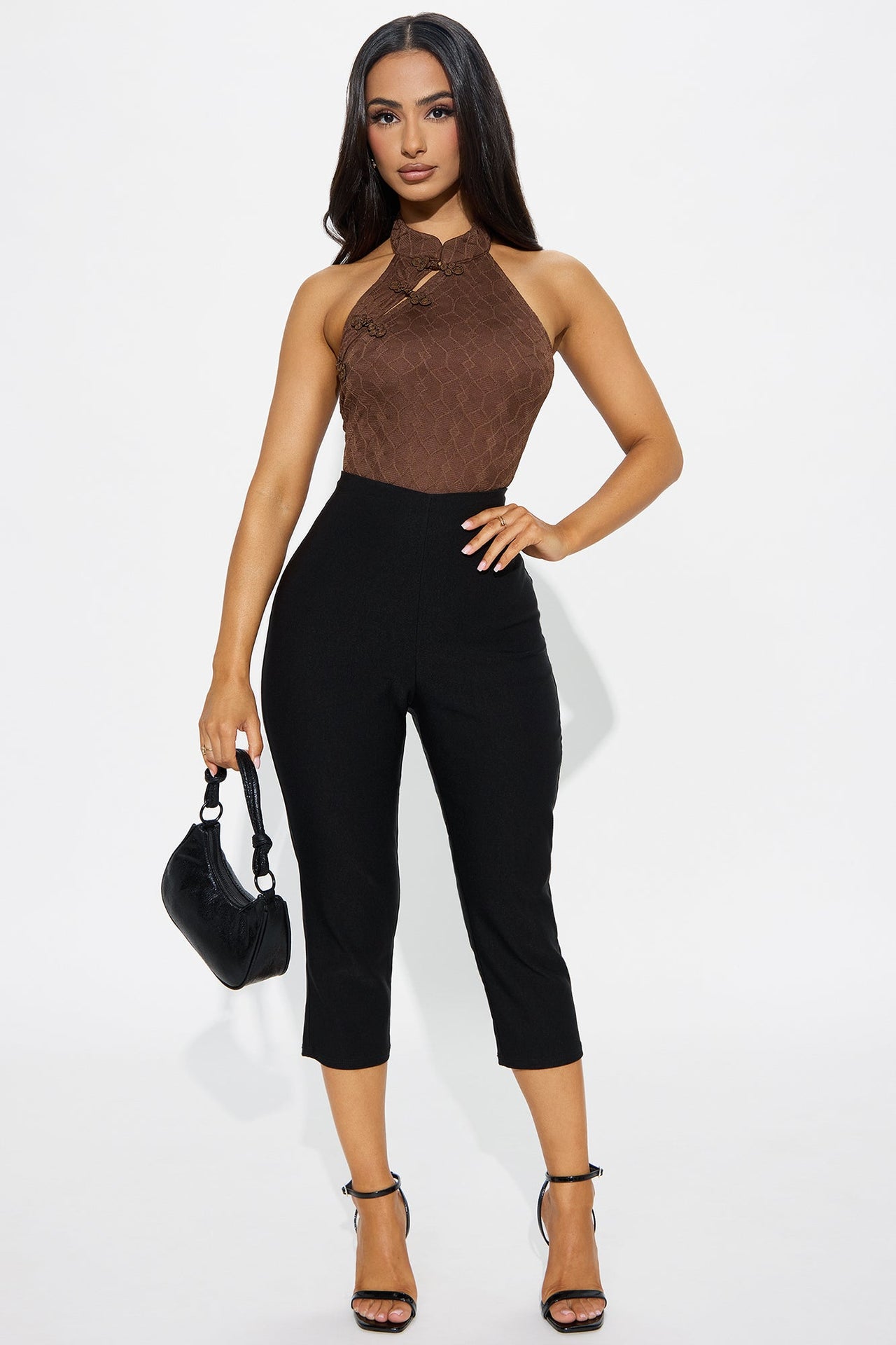 Fashion Nova Sakura Mock Neck Halter Bodysuit - Brown
