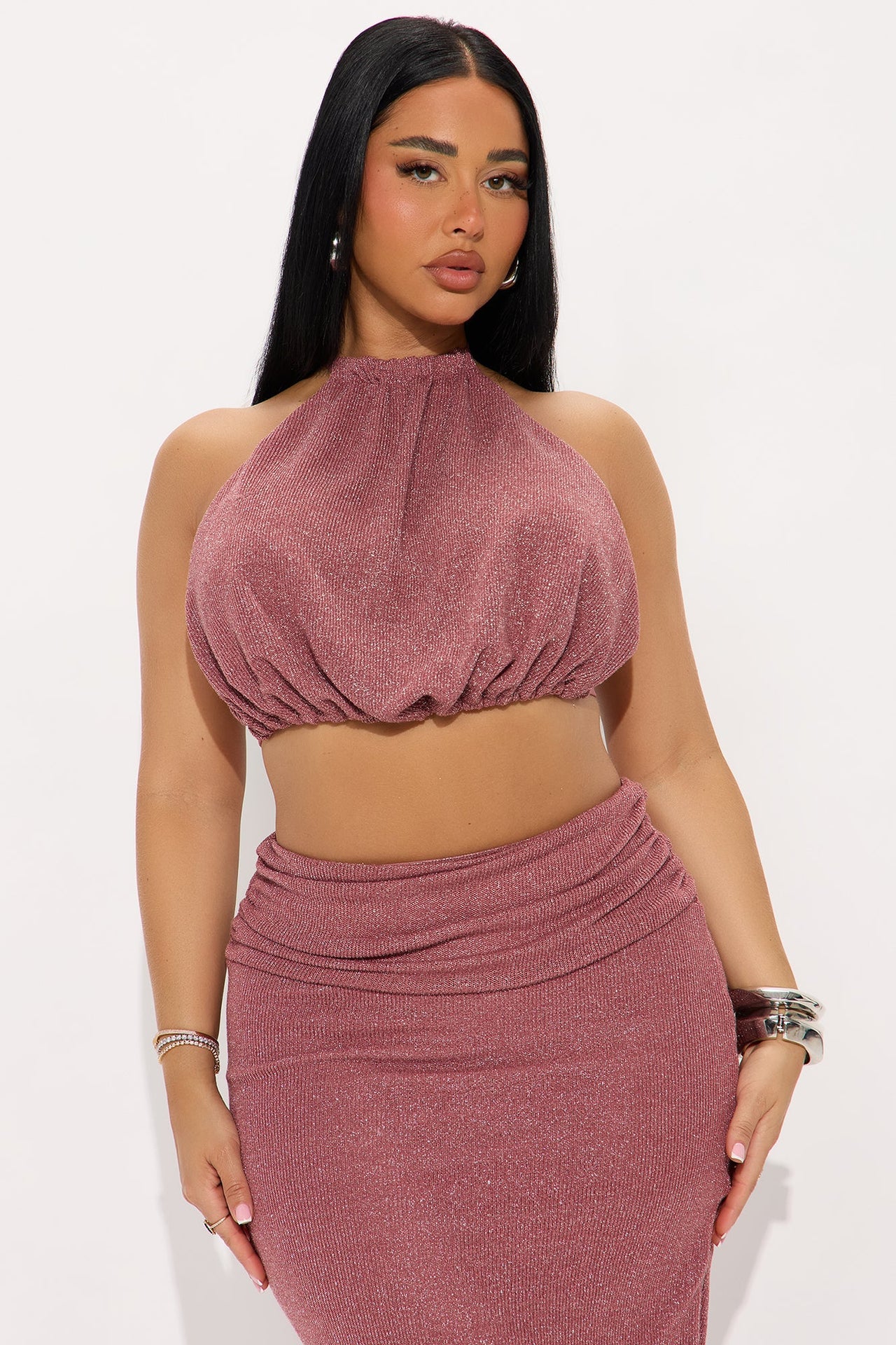 Fashion Nova Starlit Metallic Backless Skirt Set - Mauve