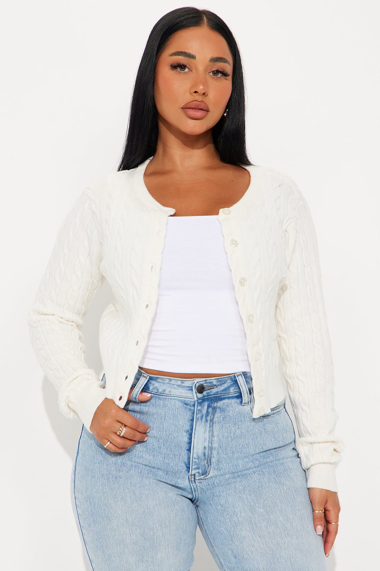 Fashion Nova Elowen Cable Knit Cardigan - White