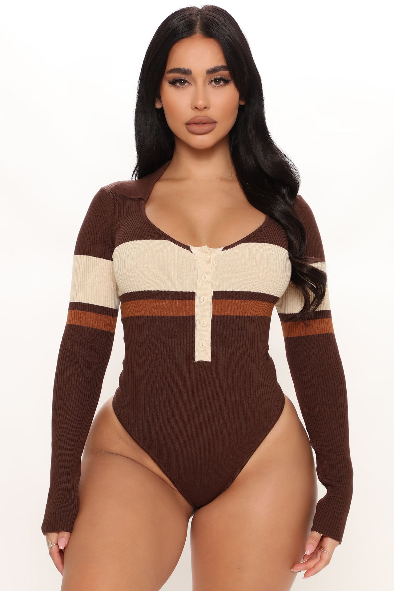 Fashion Nova Love and Lattes Stripe Bodysuit - Brown