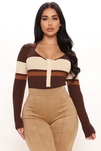 Fashion Nova Love and Lattes Stripe Bodysuit - Brown