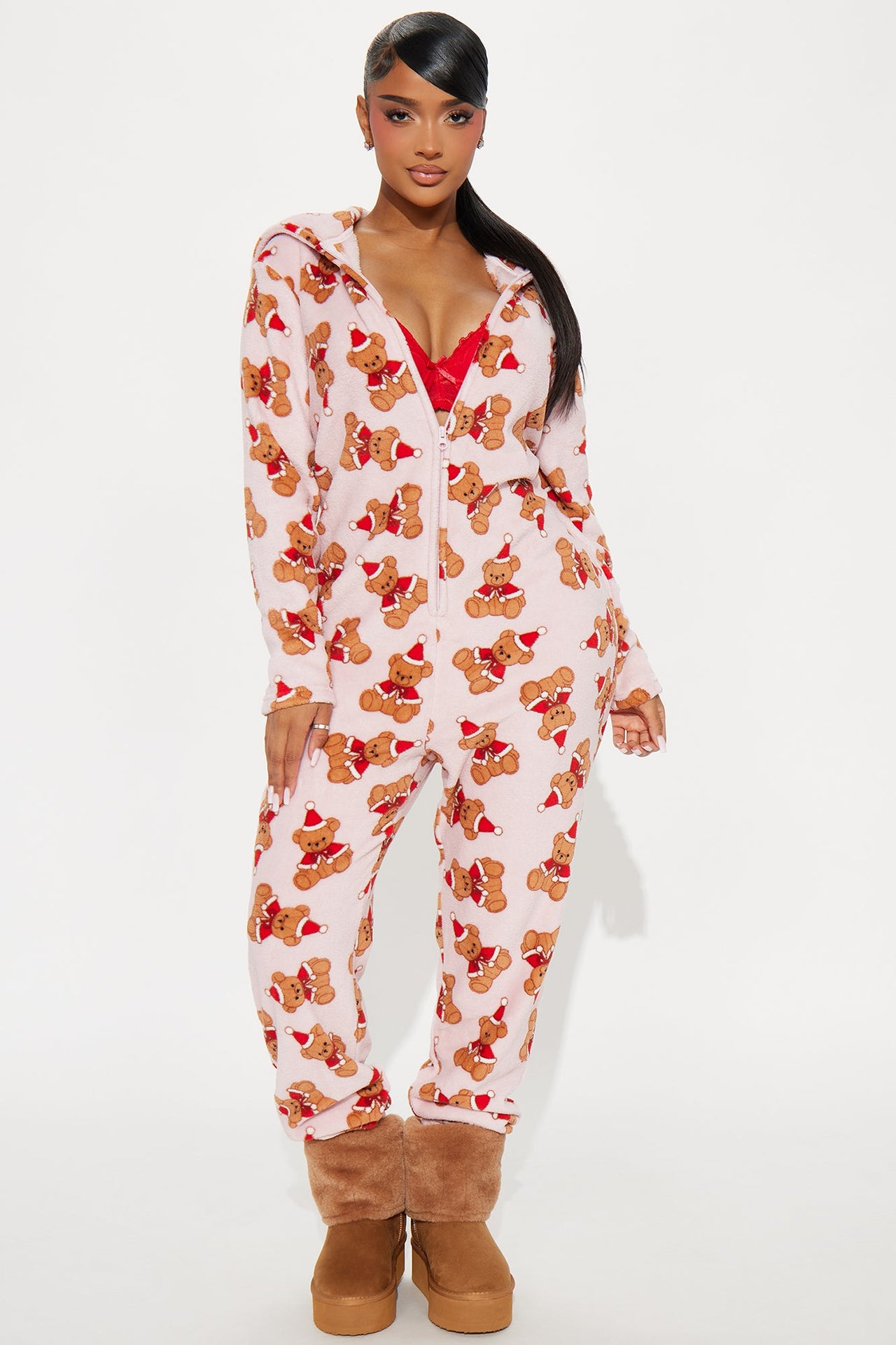 Fashion Nova Jolly Teddy Bears Plush PJ Jumpsuit Onesie - Pink/combo