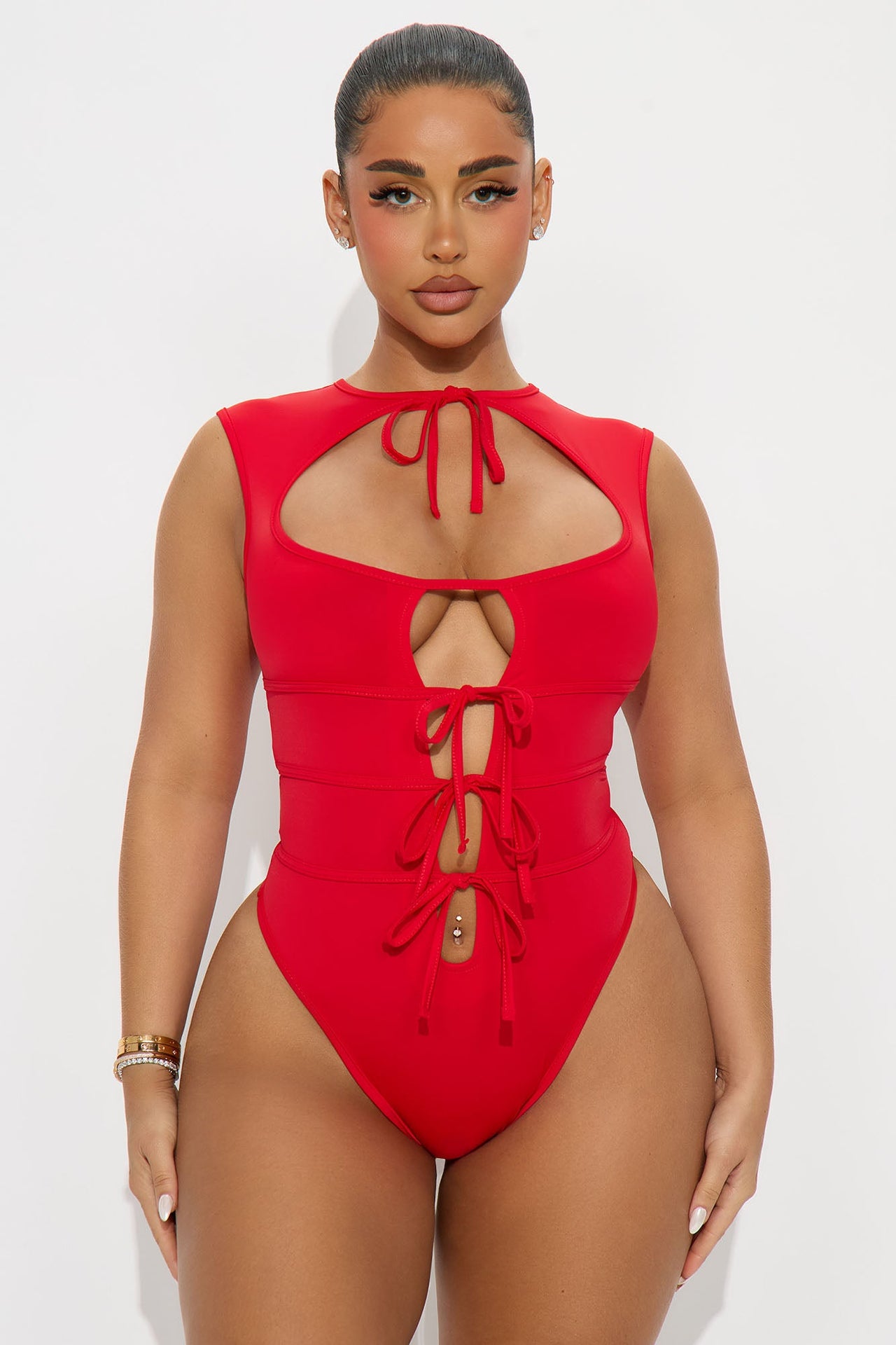 Fashion Nova Mona Front Tie Sheer Bodysuit Teddy - Red