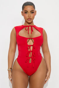 Fashion Nova Mona Front Tie Sheer Bodysuit Teddy - Red