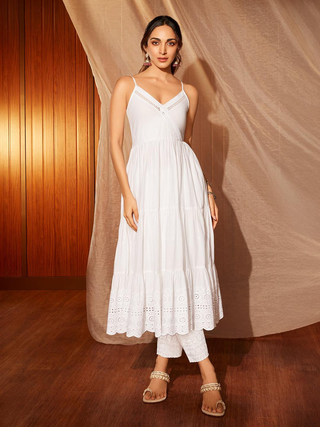 The Kiara Cut Suramya White Self Design Cotton A-Line Kurta with Trousers