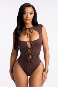 Fashion Nova Mona Front Tie Cheeky Bodysuit Teddy - Chocolate