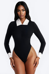 Fashion Nova Ultimatum Collared Long Sleeve Bodysuit - Black/combo