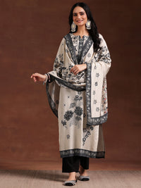 Monochrome Printed Silk Blend Straight Suit with Dupatta