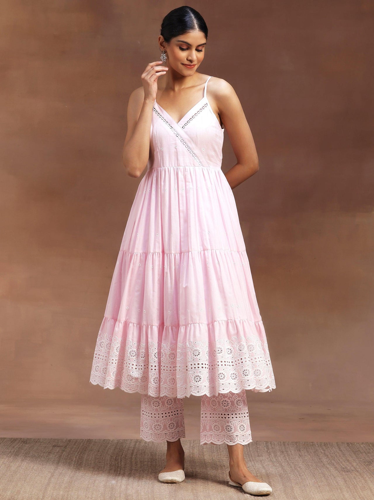 The Kiara Cut Pink Self Design Cotton Anarkali Kurta with Trousers