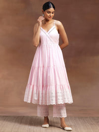 The Kiara Cut Pink Self Design Cotton Anarkali Kurta with Trousers
