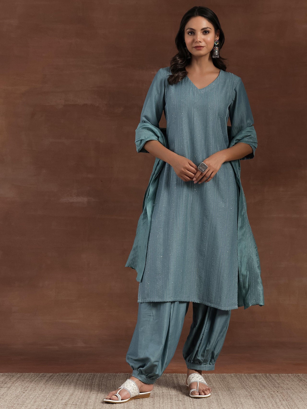 Grey Self Design Silk Blend Straight Suit with Dupatta