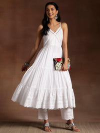 The Kiara Cut Suramya White Self Design Cotton A-Line Kurta with Trousers