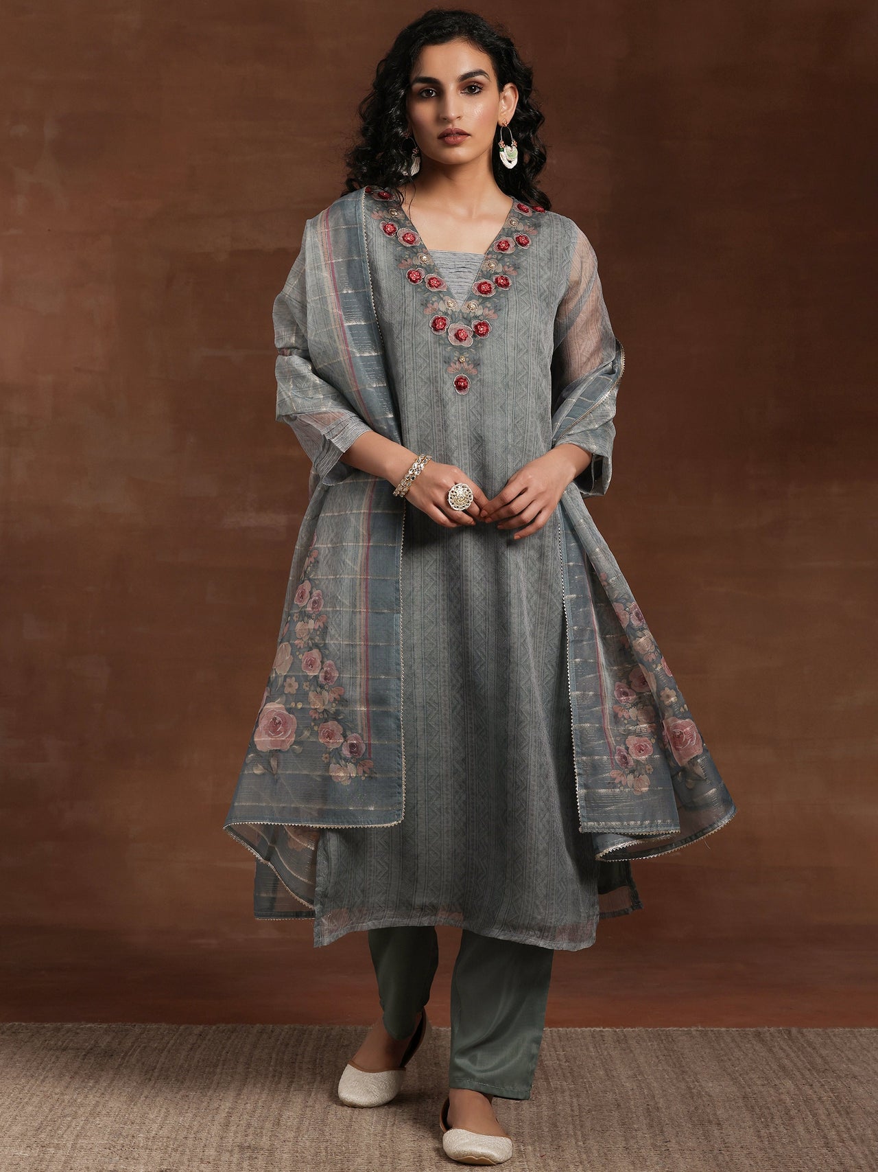 Green Printed Organza Straight Suit with Dupatta