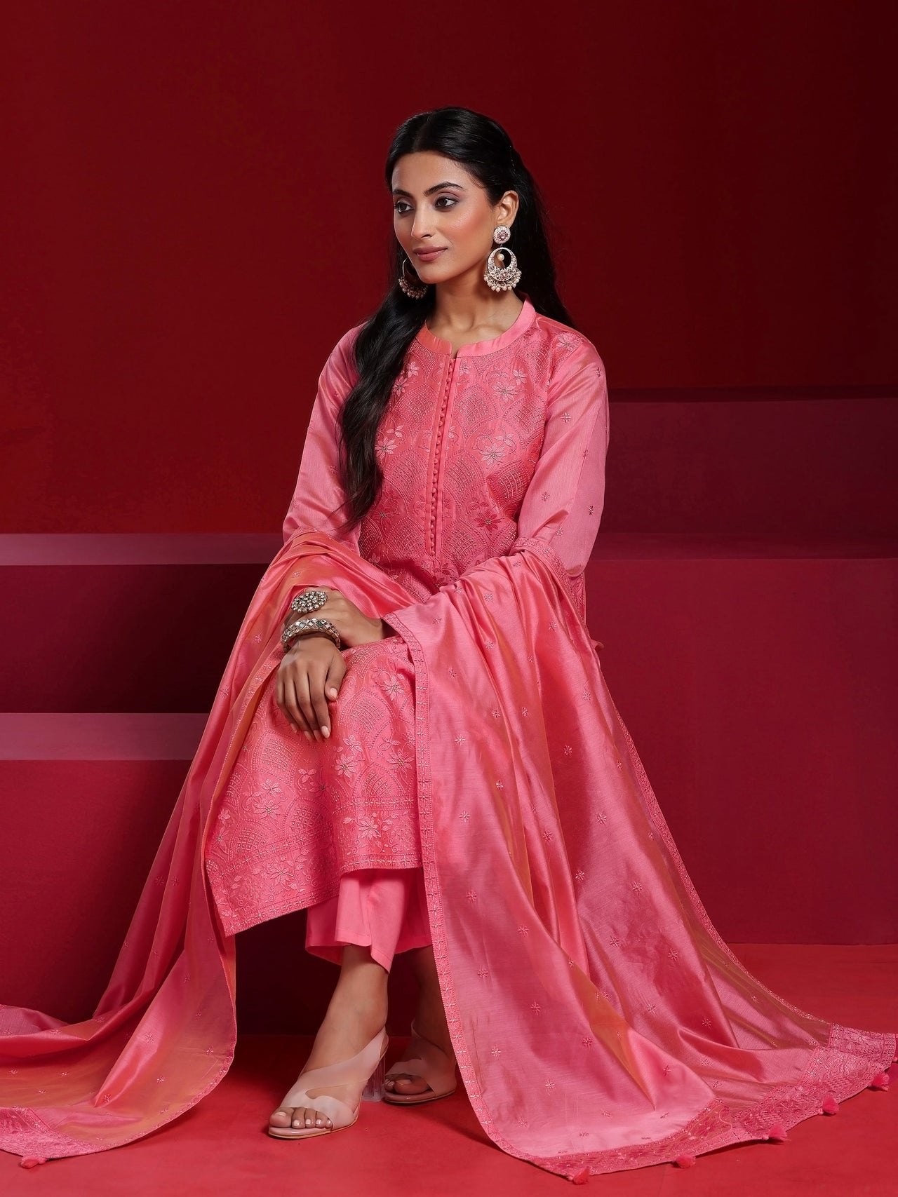 Libas Art Coral Embroidered Chanderi Silk Straight Suit with Dupatta