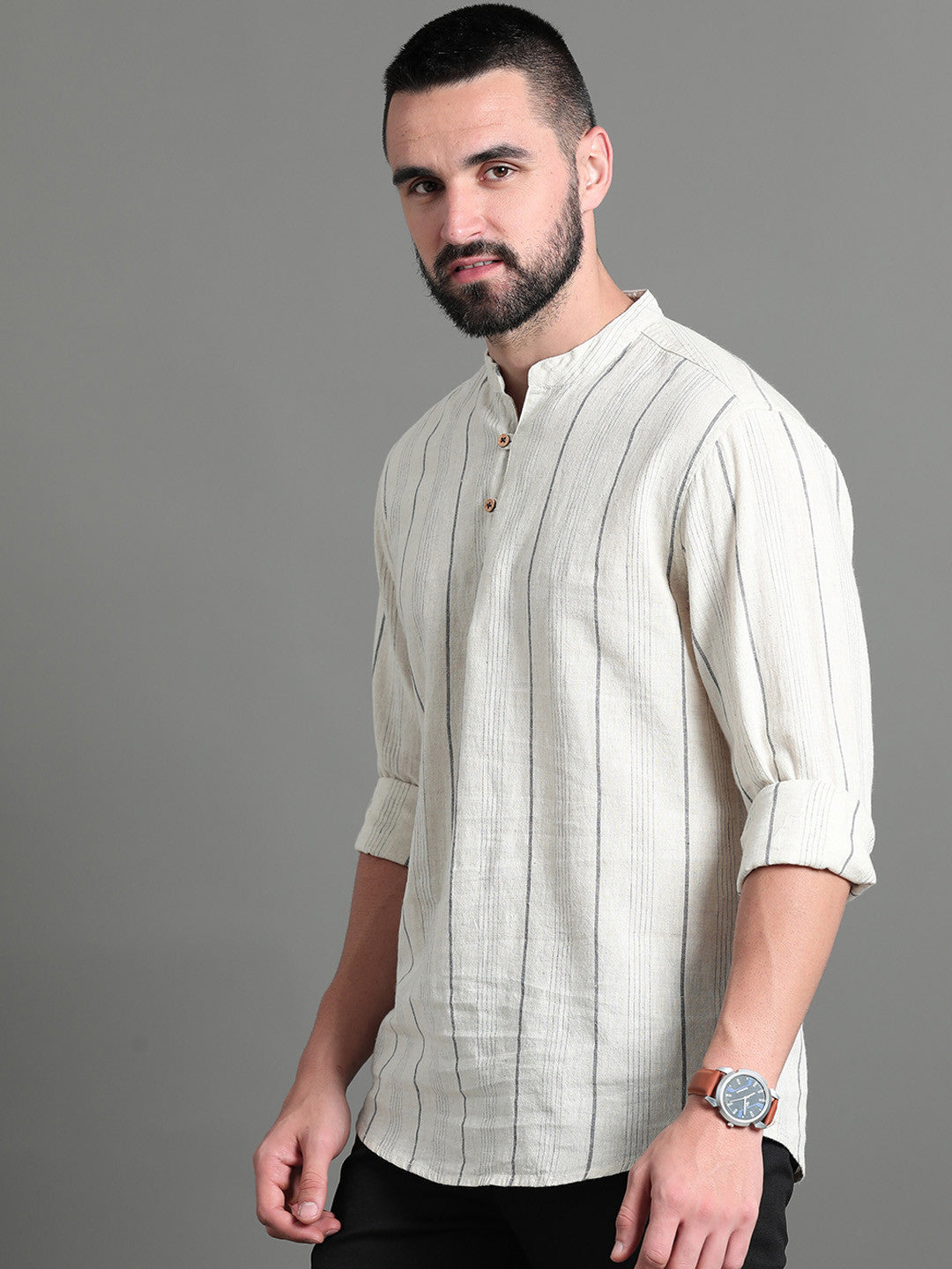 HERE&amp;NOW Striped Cotton Short Kurta