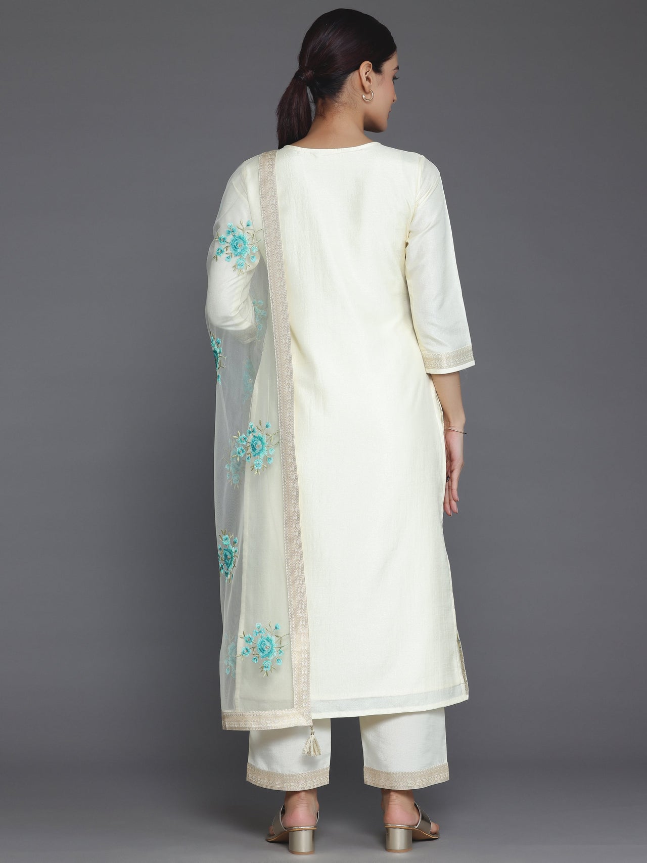 Cream Woven Design Silk Blend Straight Suit with Dupatta