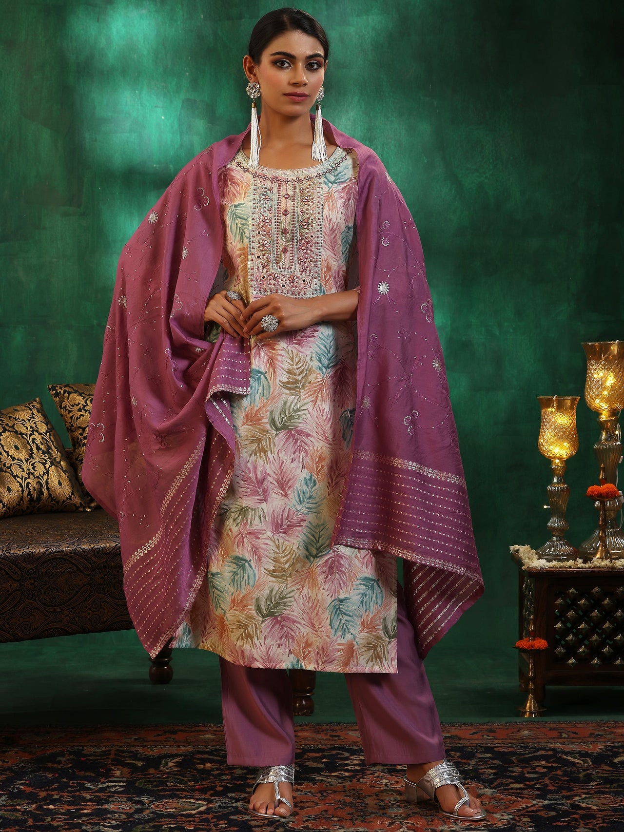 Off White Printed Silk Blend Straight Suit with Dupatta