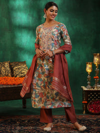 Off White Printed Silk Blend Straight Suit with Dupatta