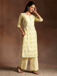 Yellow Printed Cotton Straight Suit with Dupatta