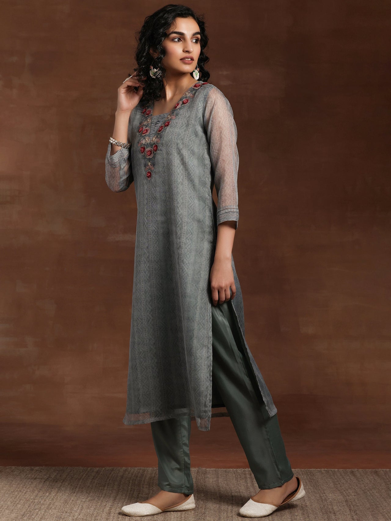 Green Printed Organza Straight Suit with Dupatta
