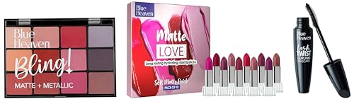 Blue Heaven Makeup Set: Matte Love Mini Lipsticks (Pack of 10), Lash Twist Mascara (Black, 12 ml), 12-In-1 Bling Eyeshadow (Subtle Romance, Metallic Finish)