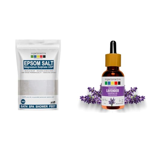 Organix Mantra Epsom Bath Salt & Bulgarian Lavender Oil – For Relaxing Soaks, Aches Relief, Calmness & Skincare | 100% Pure & Therapeutic Grade – 1kg + 15ml