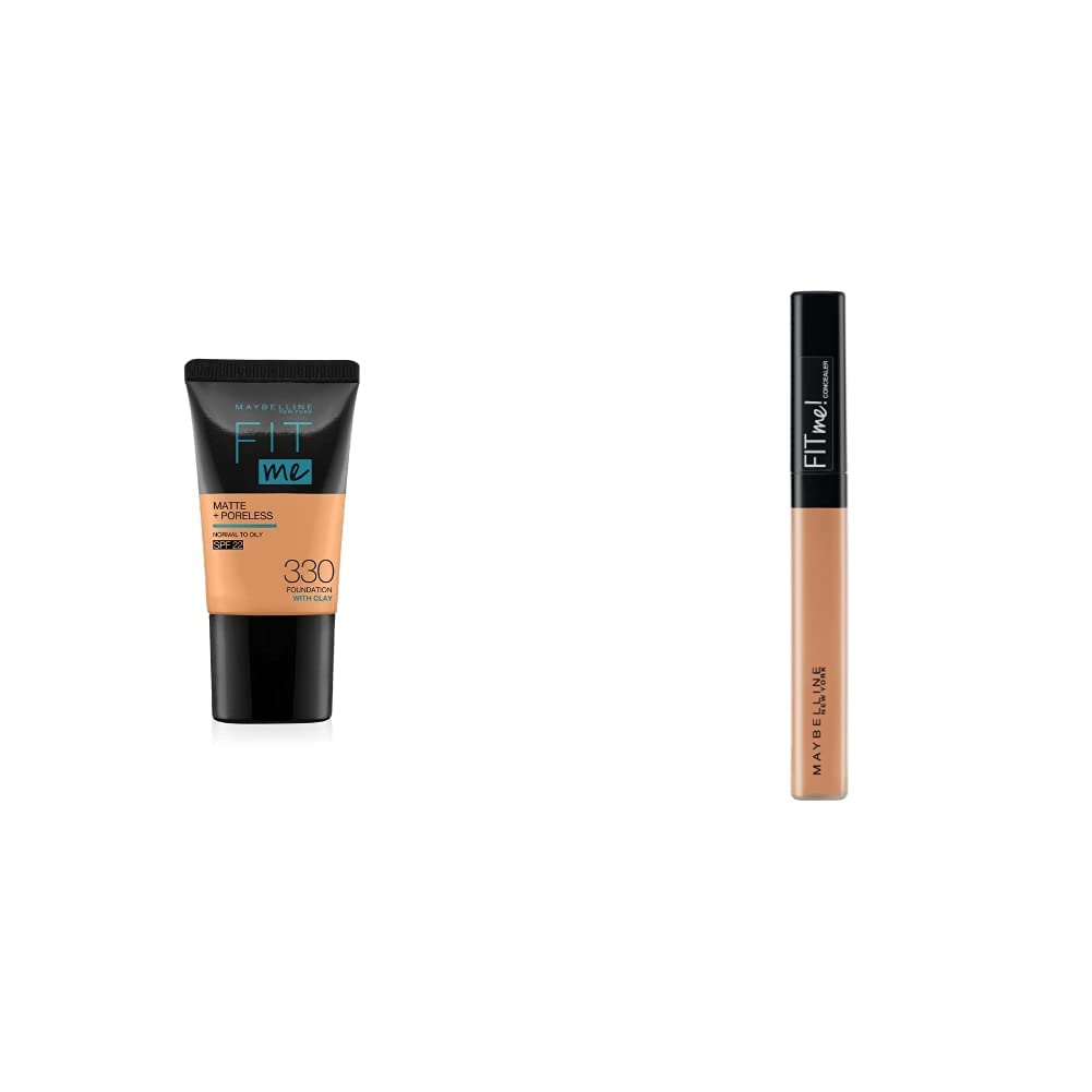 Maybelline New York Fit Me Acne Prone,Oily,All Skin Types Matte+Poreless Liquid Full Coverage Foundation Tube,330 Toffee,18Ml&New York Fit Me Full Coverage Concealer,30 Honey,6.8Ml,Pack Of 1