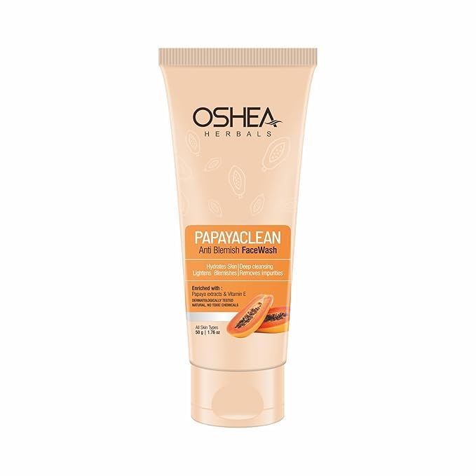 Oshea Herbals Papayaclean Anti Blemishes Gel Face Wash for Women & Men | Hydrating Face Wash for All Skin Types | Lightens Blemishes & Brightens Skin with Papaya Extracts & Vitamin E - 50gm