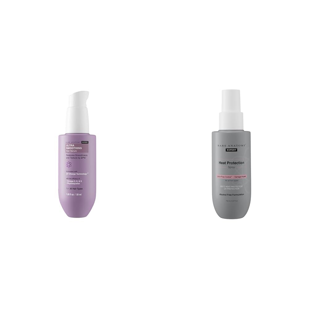 Bare AnatomyUltra Smoothing Hair Serum For Dry & Frizzy Hair | Restores Smoothness & Texture 50ml + Heat Protection Spray Serum| Controls Frizz for up to 24 Hrs | Vitamin E 150ml