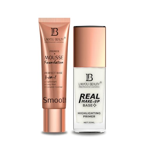 Lakyou Beauty Mousse Primer Foundation Natural Nude 30ml and Real Makeup Base Hightlighting Primer Silver Tint 30ml