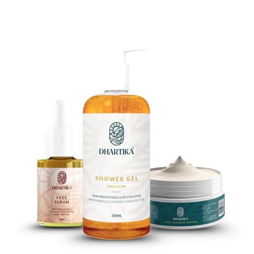 Radiance & Care Combo – Dhartika Face Serum + Avocado Body Butter + Gold Glow Shower Gel | Brightening, Deep Moisturizing & Nourishing Skincare Set | Glowing & Youthful Skin | For All Skin Types | Unisex