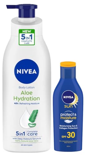 Nivea Sun Lotion, Spf 30, Water Resistant Sunscreen, Dry Skin Type For Men & Women, 125Ml&Body Lotion, Aloe Hydration, With Aloe Vera For Instant Hydration In Summer, For Men & Women, 400 Ml
