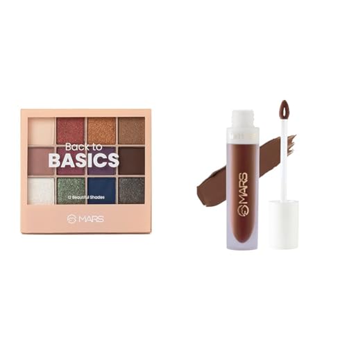 MARS 12 Shades Back to Basics Eyeshadow Palette with Free Applicator (14.4 gm) (Shade-01) Matte Liquid Lip Color | Long Lasting | Non-Transfer & Waterproof Lipstick for Women (4.5 ml) (01-Spice Brown)