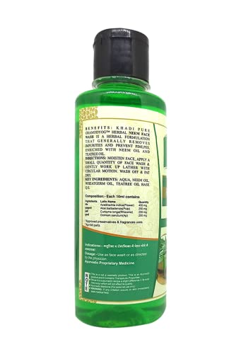 Khadi Pure Herbal Neem Face Wash | Anti-Acne & Skin Purifying | Fights Pimples & Excess Oil | Gentle Daily Cleanser with Natural Neem Extract | SLS & Paraben Free | 210 ml – Green