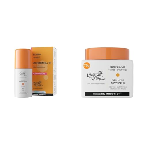Chemist At Play UnderArm Roll-On Deodorant with 5% AHA Vegan | SLS Free | 40ml Exfoliating Body Scrub For Removing Tan & Dead Skin Cells For Men & Women | 75g