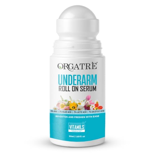 Orgatre Underarm Roll On Serum for Dark Underarms | Prevents Body Odour, Brightens Skin & Exfoliates | Fades Pigmentation, Kills Bacteria | AHA + Kojic Acid + Lactic Acid | 50ml | Unisex