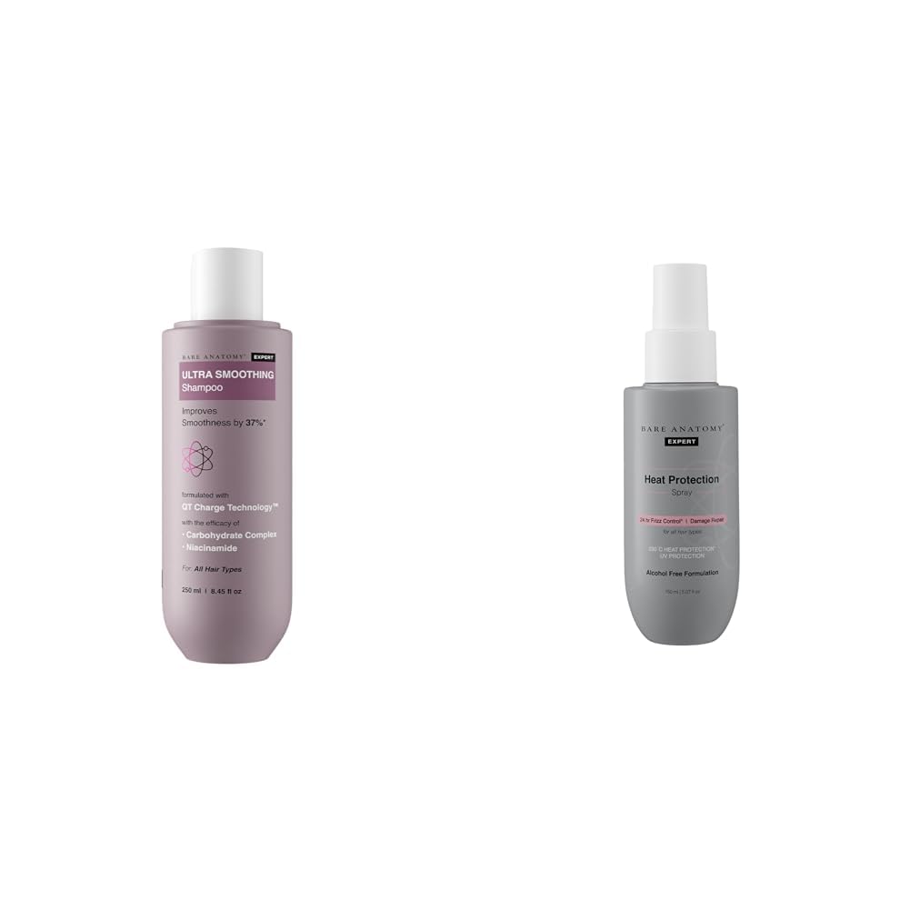 Bare Anatomy Ultra Smoothing Shampoo for Dry and Frizzy Hair | SLS & Paraben Free | Vegan | For Men & Women | 250ml + Heat Protection Spray Serum For Women & Men | Vegan |230 掳C Heat Protection 150 ml