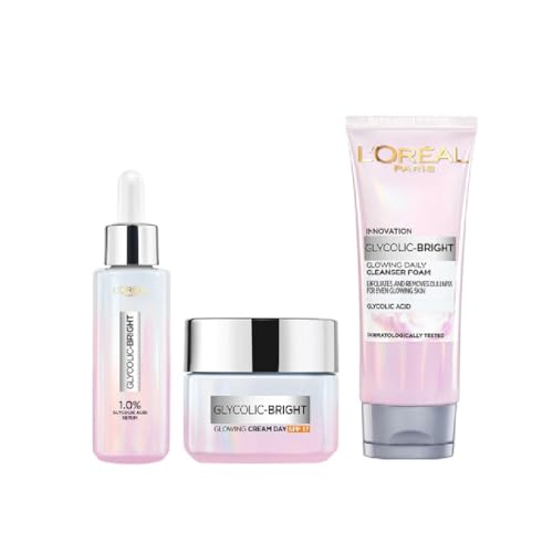 L'Oréal Paris Brightening Serum, Cream & Foam Face Wash Set for Face, 15Ml Serum, 15Ml Cream, 100Ml Cleanser, 1% Glycolic Acid, 2% Niacinamide, SPF 17