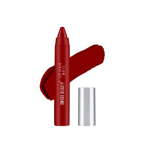 Swiss Beauty Stain Matte Lipstick | Long Lasting, Hydrating & Lightweight Lipstick | Russian Red, 3.4gm|