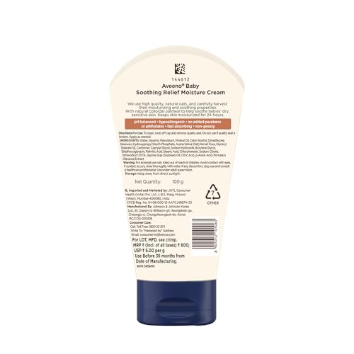 Aveeno Baby Soothing Relief Moisture Cream 100g 24-Hour Protection for Dry, Itchy, Sensitive Skin | Clinically Proven | Active natural oats | US pediatrician recommended | Hypoallergenic, fragrance-free & paraben-free