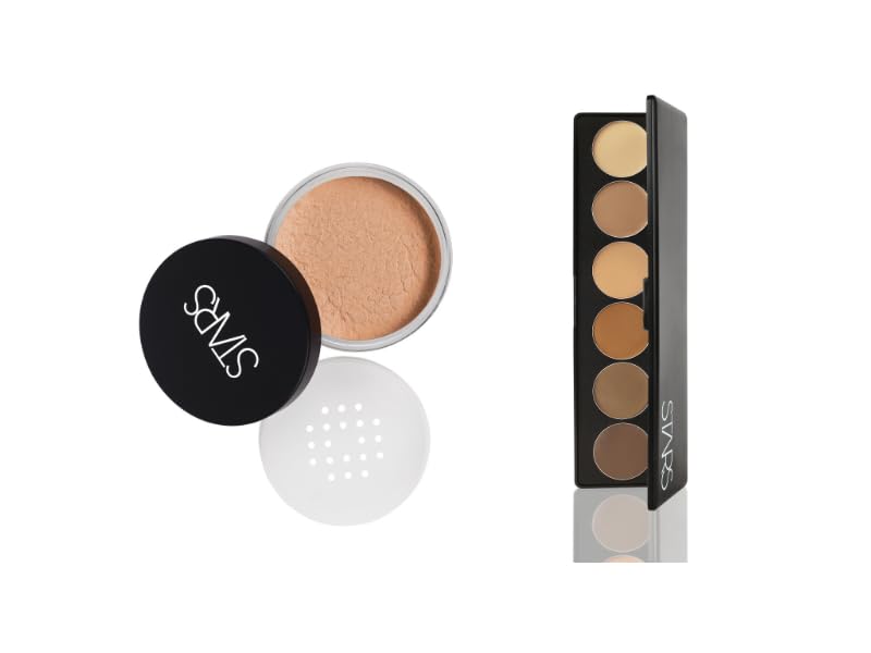 STARS COSMETICS Derma Series Foundation Color Palette & Translucent Powder, Matte Finish Long lasting Waterproof Face Makeup Cream Suitable For All Skin Types (DERMA PALETTE & TAN GOLD)