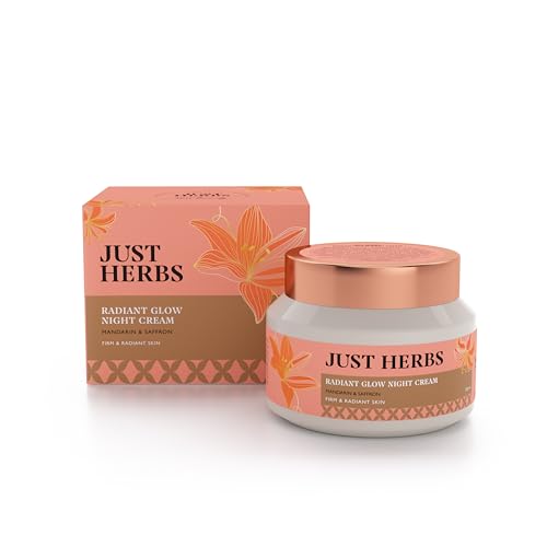 Just Herbs Radiant Glow Face Night Cream | For Firm & Radiant Skin Overnight |72H Moisture Lock | Reduces Dullness & Blemishes | Non-sticky, Night Moisturiser | Mandarin, Saffron, Vitamin C, Niacinamide, Squalane | 11 Ayurvedic Herbs | Dermatologically Te