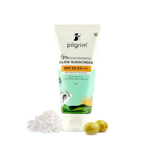 Pilgrim 2% Niacinamide Glow Sunscreen SPF 50 +++ for men and women with Spanish Squalane | Enhances Glow, Broad spectrum, Non-greasy, No white cast & Prevents Tanning | All skin types | 50 gm