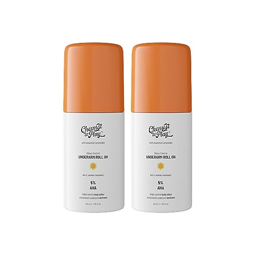 Chemist at Play UnderArm Roll-On Deodorant with 5% AHA, Lactic Acid & 1% Mandelic Acid | Prevents Body Odour, Brightens Skin & Exfoliates Underarm | White Jasmine Fragrance 40ml (Pack of 2)