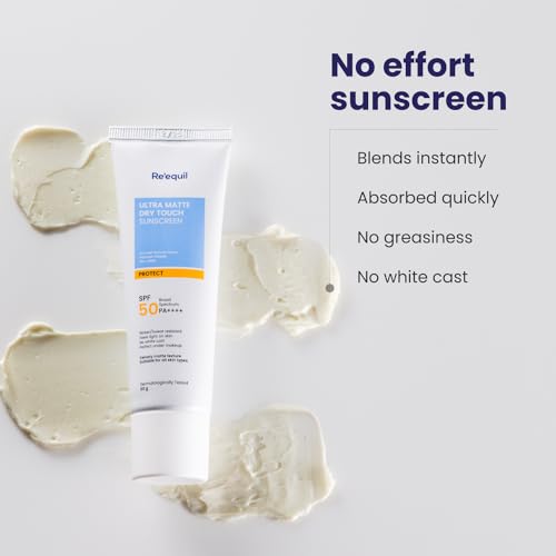RE' EQUIL Ultra Matte Dry Touch Sunscreen | SPF 50 PA++++ | Water & Sweat Resistant | No White Cast, Non-Greasy & Non-Comedogenic | For All Skin Types | 50G