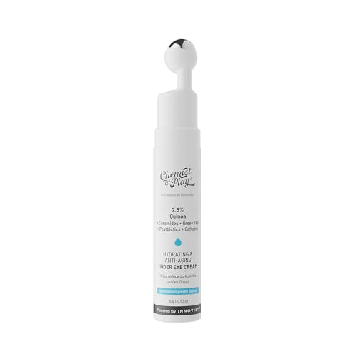 Chemist At Play Under Eye Cream with 2% Revital Eye & Quinoa Extract | For Reducing Dark Circles, Puffiness, Wrinkles, Crows Feet | Lightweight, Hydrating | Plant-Based Ceramides | 100% Vegan | Cooling Gel & Roller for Men & Women | 15 g
